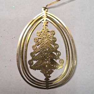 Vintage Figi's Brass Christmas Ornament Tree in Oval Frame Etched Detail 3D
